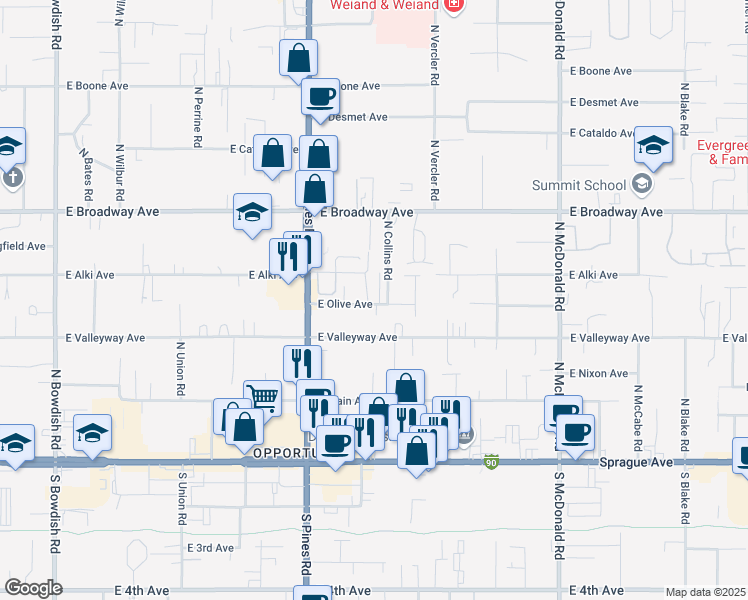 map of restaurants, bars, coffee shops, grocery stores, and more near 603 North Collins Road in Spokane Valley