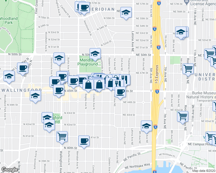 map of restaurants, bars, coffee shops, grocery stores, and more near 4533 Eastern Avenue North in Seattle