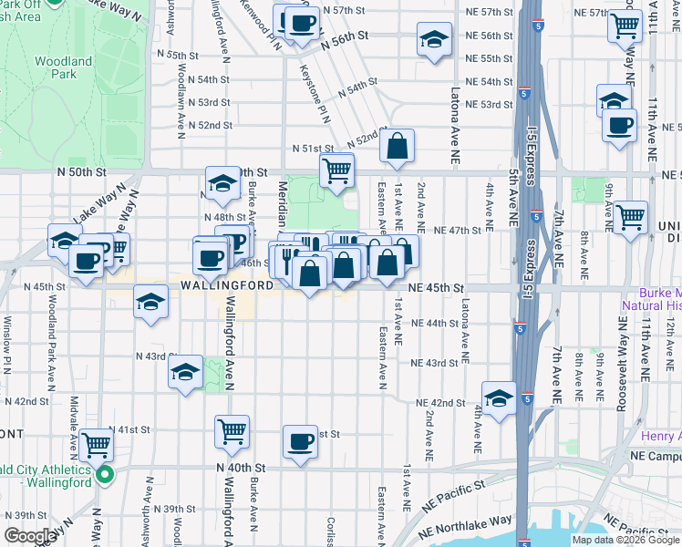 map of restaurants, bars, coffee shops, grocery stores, and more near 4532 Corliss Avenue North in Seattle
