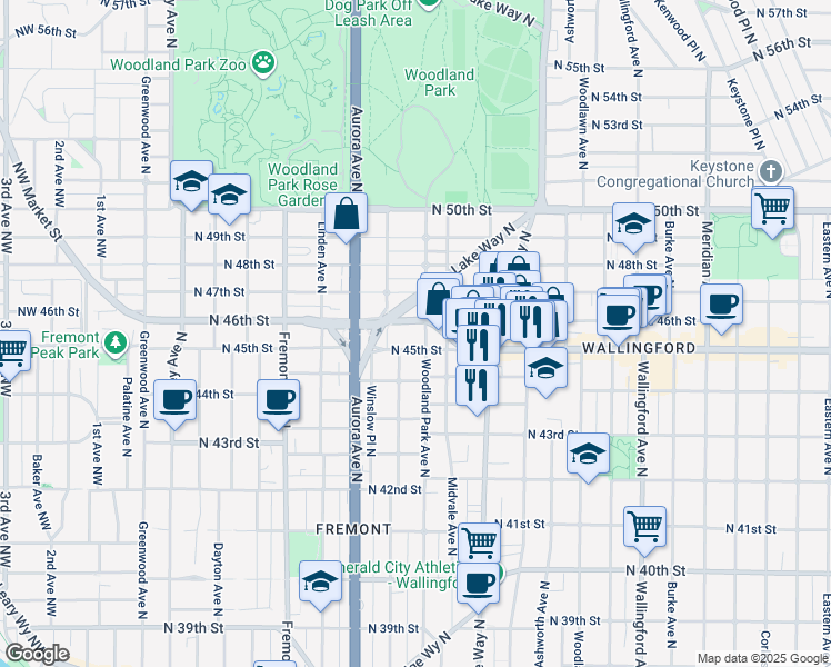 map of restaurants, bars, coffee shops, grocery stores, and more near 4610 Woodland Park Avenue North in Seattle
