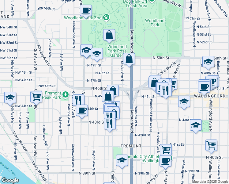 map of restaurants, bars, coffee shops, grocery stores, and more near 720 North 46th Street in Seattle
