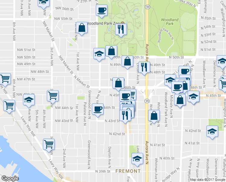 map of restaurants, bars, coffee shops, grocery stores, and more near 514 North 46th Street in Seattle