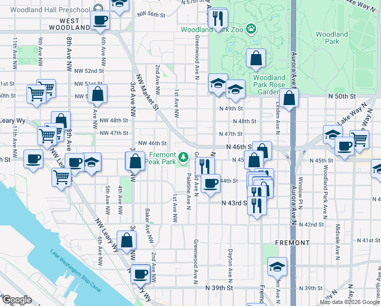 map of restaurants, bars, coffee shops, grocery stores, and more near 4606 Palatine Avenue North in Seattle