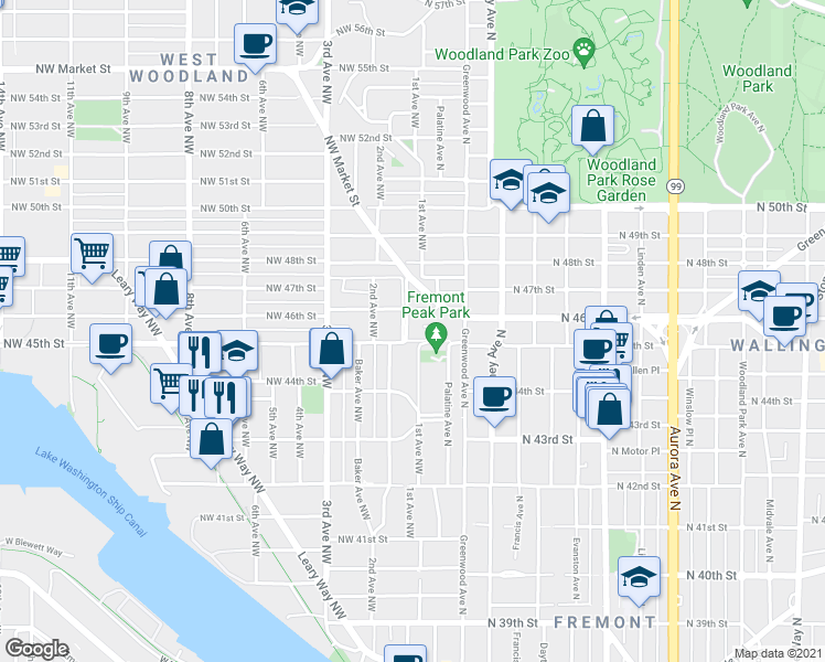 map of restaurants, bars, coffee shops, grocery stores, and more near 102 Northwest 46th Street in Seattle