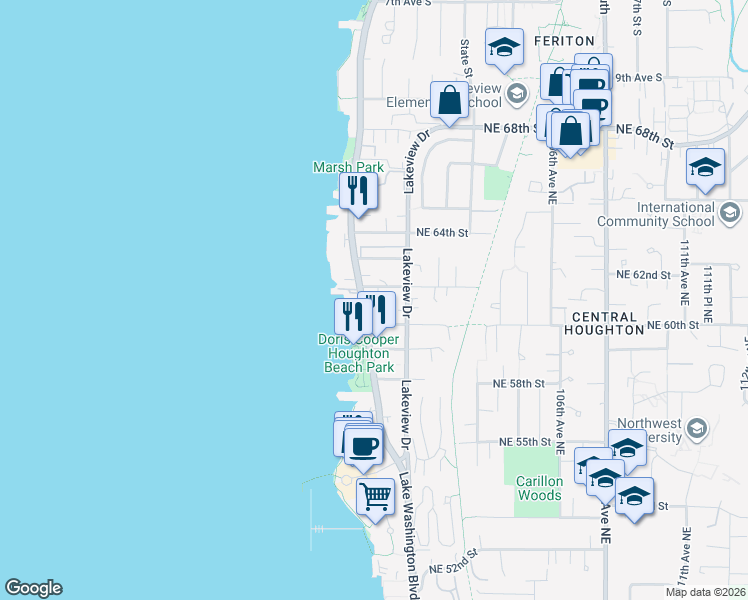 map of restaurants, bars, coffee shops, grocery stores, and more near 10115 Northeast 62nd Street in Kirkland
