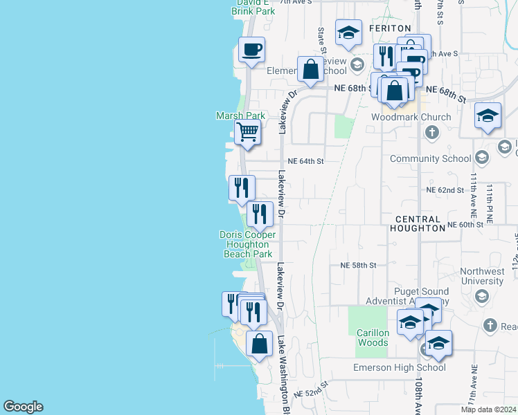 map of restaurants, bars, coffee shops, grocery stores, and more near 6210 Lake Washington Boulevard Northeast in Kirkland