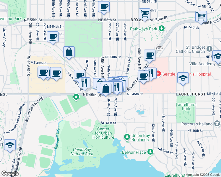 map of restaurants, bars, coffee shops, grocery stores, and more near 4506 36th Avenue Northeast in Seattle