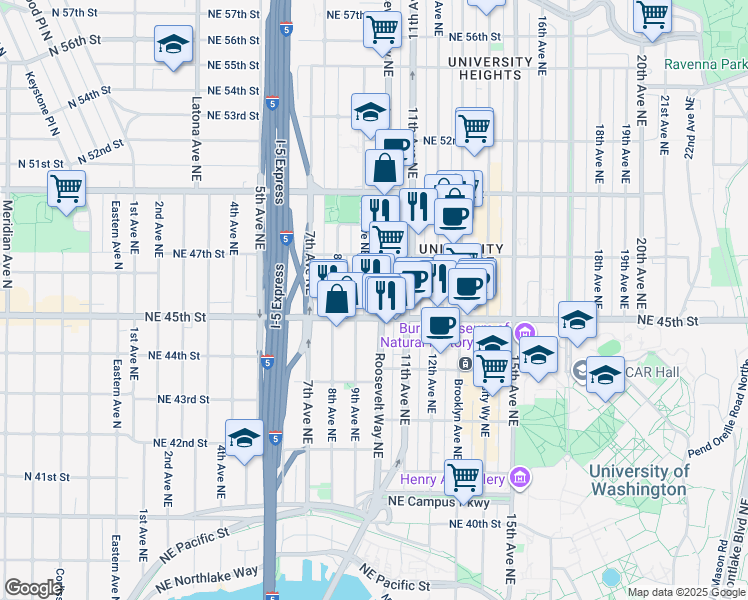 map of restaurants, bars, coffee shops, grocery stores, and more near 4555 Roosevelt Way Northeast in Seattle