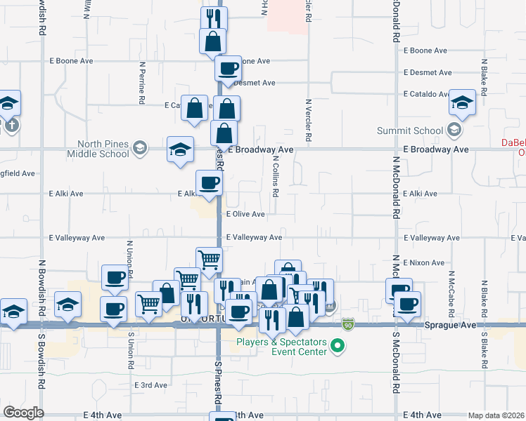 map of restaurants, bars, coffee shops, grocery stores, and more near 603 North Collins Road in Spokane Valley