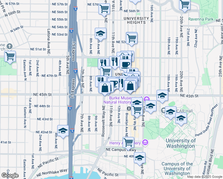 map of restaurants, bars, coffee shops, grocery stores, and more near 4557 11th Avenue Northeast in Seattle