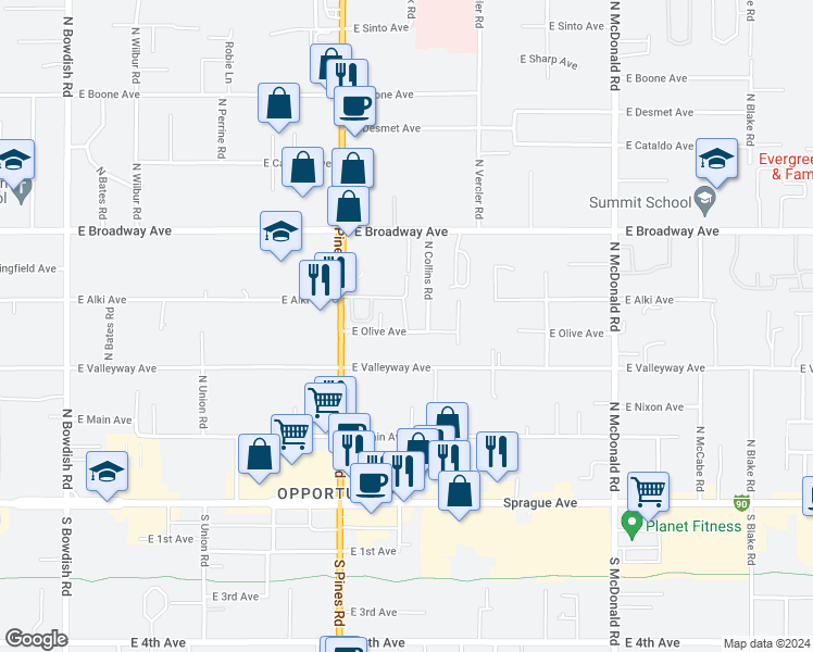 map of restaurants, bars, coffee shops, grocery stores, and more near 12451 East Olive Avenue in Spokane Valley