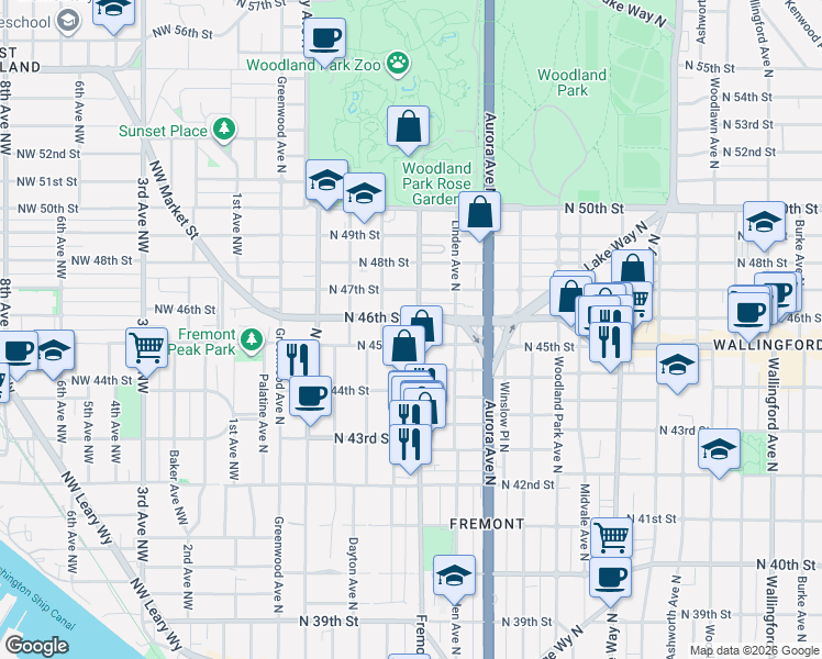 map of restaurants, bars, coffee shops, grocery stores, and more near 4513 Fremont Avenue North in Seattle