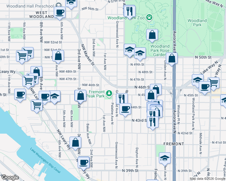 map of restaurants, bars, coffee shops, grocery stores, and more near 4606 Palatine Avenue North in Seattle
