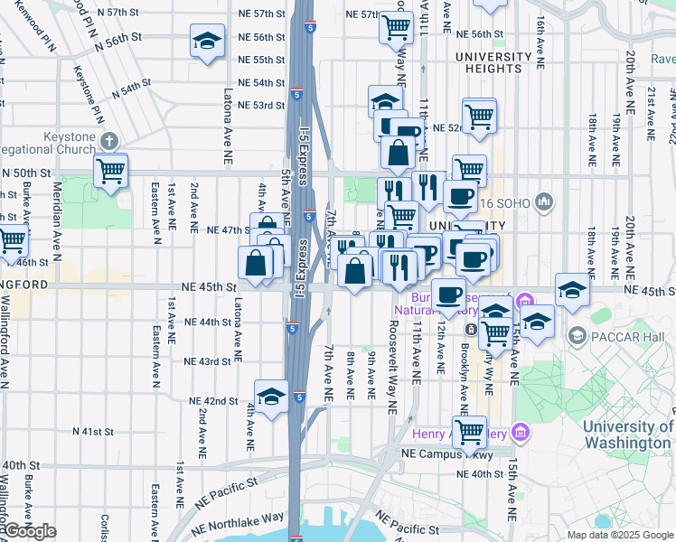 map of restaurants, bars, coffee shops, grocery stores, and more near 4516 7th Avenue Northeast in Seattle