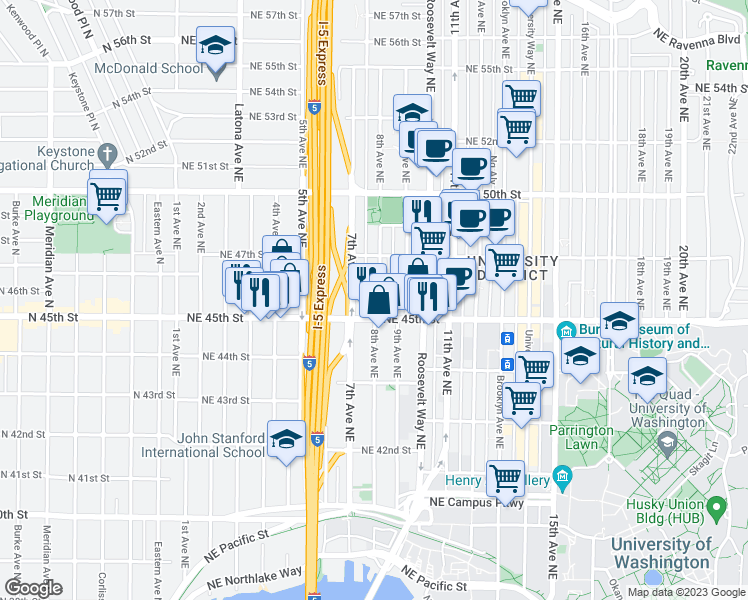 map of restaurants, bars, coffee shops, grocery stores, and more near 4515 8th Avenue Northeast in Seattle