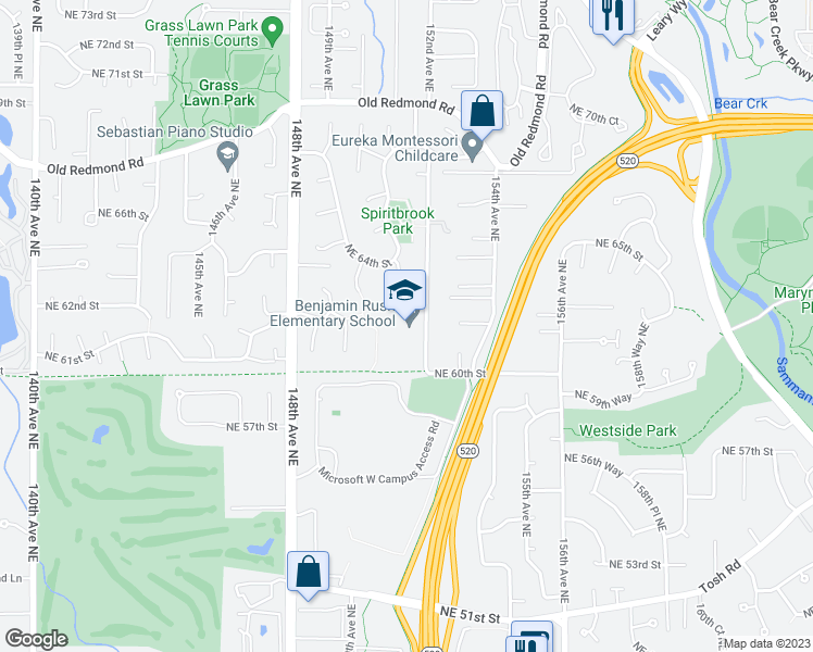 map of restaurants, bars, coffee shops, grocery stores, and more near 6101 152nd Avenue Northeast in Redmond