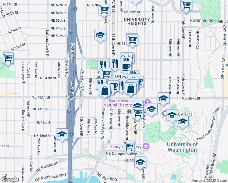 map of restaurants, bars, coffee shops, grocery stores, and more near 4512 11th Avenue Northeast in Seattle