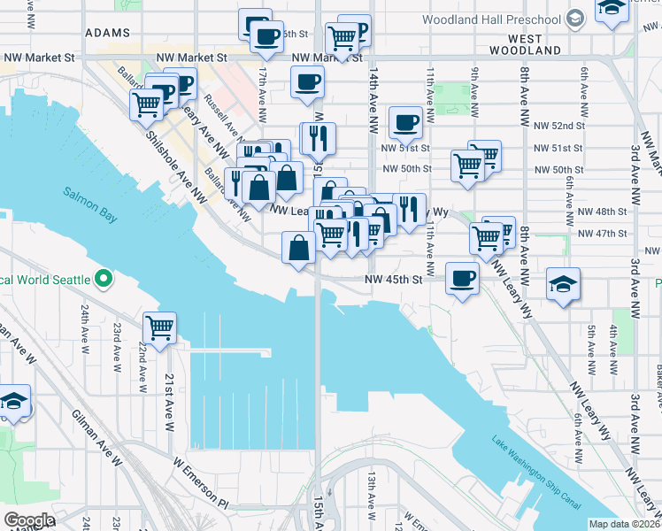 map of restaurants, bars, coffee shops, grocery stores, and more near 1958 15th Avenue Northwest in Seattle