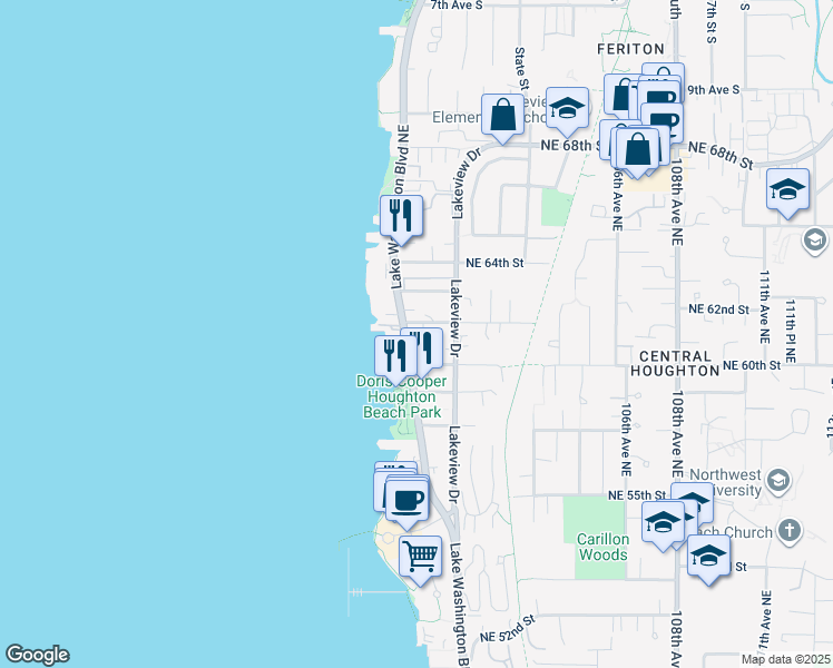 map of restaurants, bars, coffee shops, grocery stores, and more near 10115 Northeast 62nd Street in Kirkland