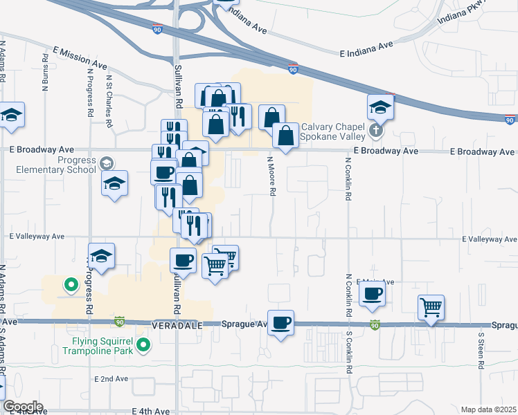 map of restaurants, bars, coffee shops, grocery stores, and more near 527 North Timberlane Road in Spokane Valley