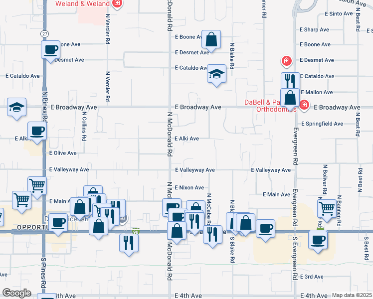 map of restaurants, bars, coffee shops, grocery stores, and more near 13111 East Alki Avenue in Spokane Valley