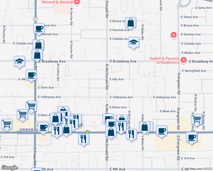 map of restaurants, bars, coffee shops, grocery stores, and more near 13010 East Alki Avenue in Spokane Valley