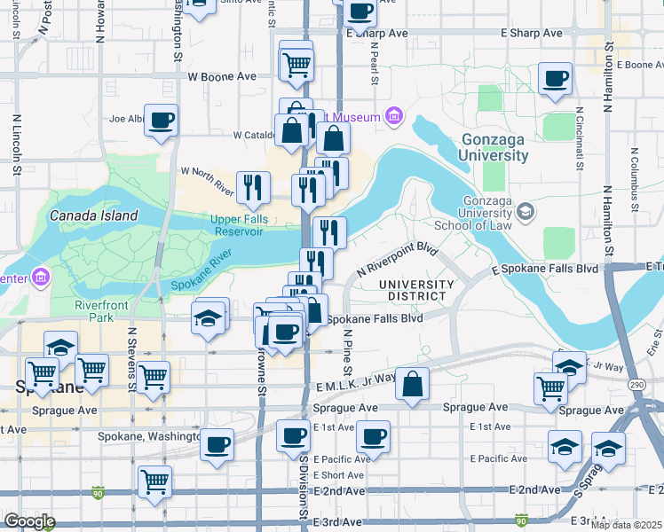 map of restaurants, bars, coffee shops, grocery stores, and more near 401 North Riverpoint Boulevard in Spokane