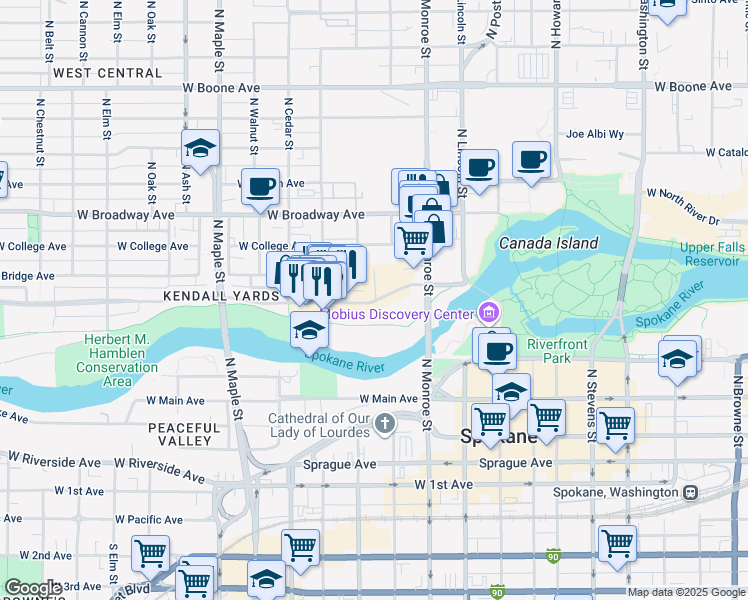 map of restaurants, bars, coffee shops, grocery stores, and more near 546 North Jefferson Street in Spokane