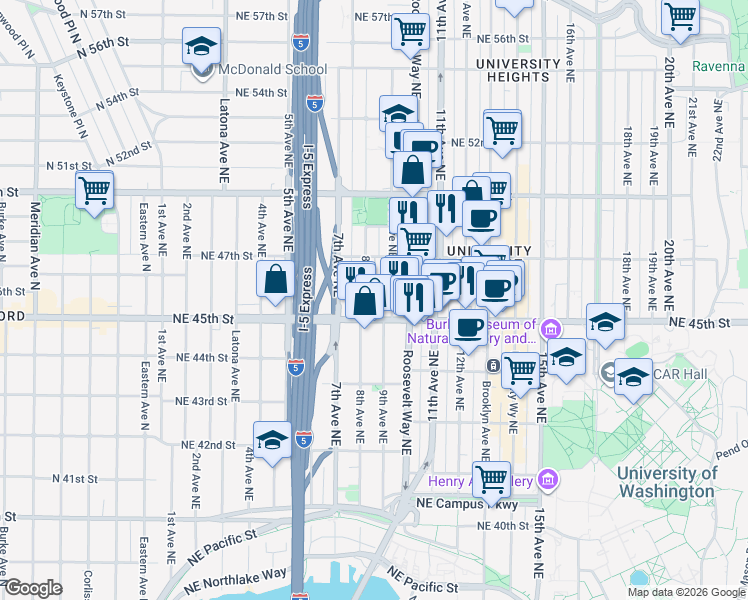 map of restaurants, bars, coffee shops, grocery stores, and more near 4541 9th Avenue Northeast in Seattle