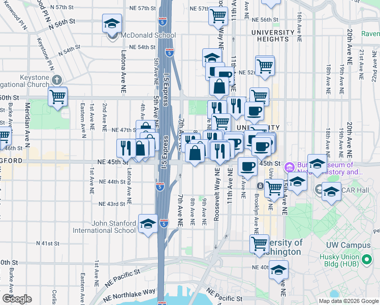 map of restaurants, bars, coffee shops, grocery stores, and more near 4544 7th Avenue Northeast in Seattle