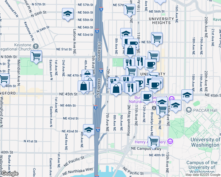map of restaurants, bars, coffee shops, grocery stores, and more near 4544 7th Avenue Northeast in Seattle