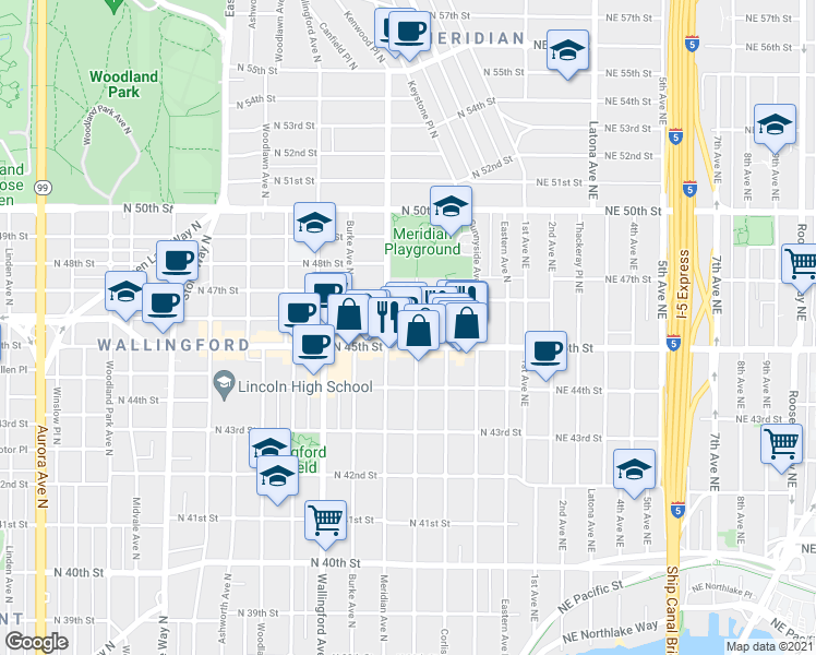map of restaurants, bars, coffee shops, grocery stores, and more near 4534 Bagley Avenue North in Seattle