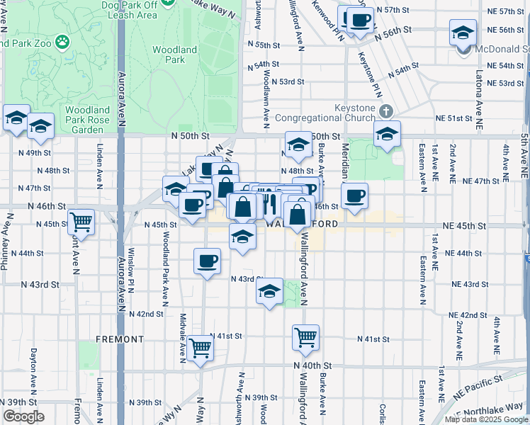 map of restaurants, bars, coffee shops, grocery stores, and more near 1616 North 46th Street in Seattle