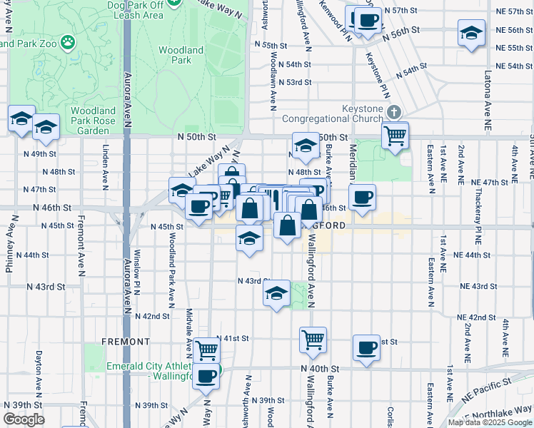 map of restaurants, bars, coffee shops, grocery stores, and more near 1616 North 46th Street in Seattle