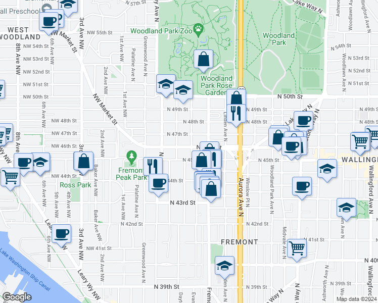 map of restaurants, bars, coffee shops, grocery stores, and more near 514 North 46th Street in Seattle