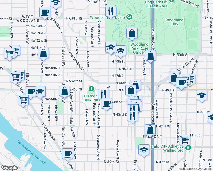 map of restaurants, bars, coffee shops, grocery stores, and more near 306 North 46th Street in Seattle