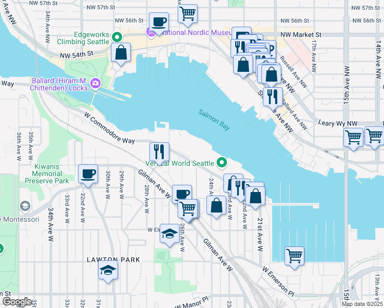 map of restaurants, bars, coffee shops, grocery stores, and more near 2440 West Commodore Way in Seattle