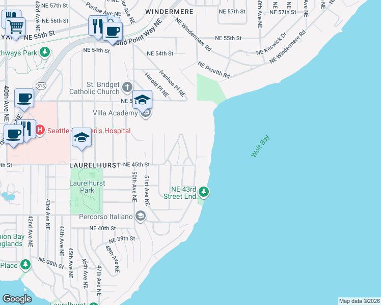 map of restaurants, bars, coffee shops, grocery stores, and more near 4546 East Laurel Drive Northeast in Seattle