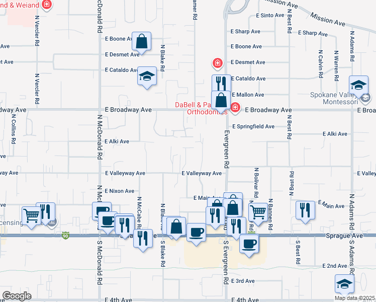 map of restaurants, bars, coffee shops, grocery stores, and more near 13617 East Olive Lane in Spokane Valley