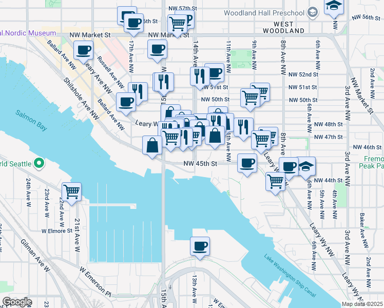 map of restaurants, bars, coffee shops, grocery stores, and more near 4609 14th Avenue Northwest in Seattle