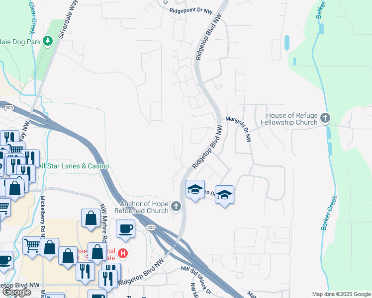 map of restaurants, bars, coffee shops, grocery stores, and more near 11129 Boardwalk Place Northwest in Silverdale