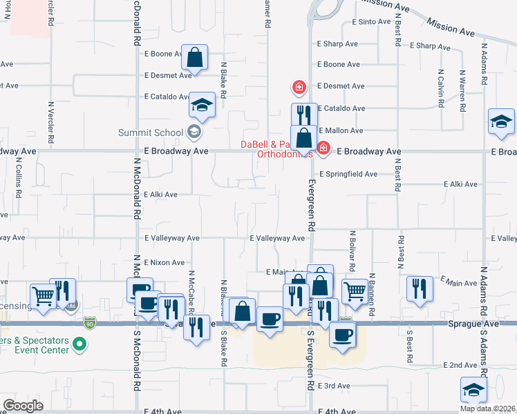 map of restaurants, bars, coffee shops, grocery stores, and more near 13617 East Olive Lane in Spokane Valley