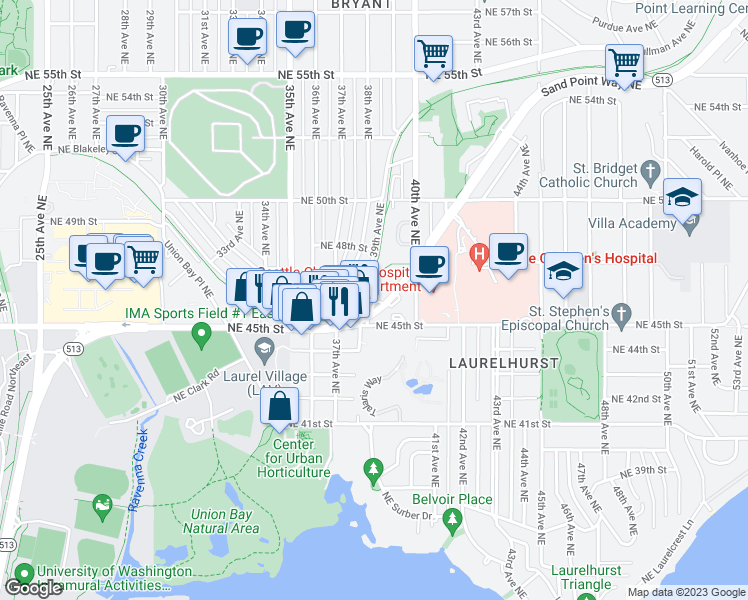 map of restaurants, bars, coffee shops, grocery stores, and more near 4575 Sand Point Way Northeast in Seattle
