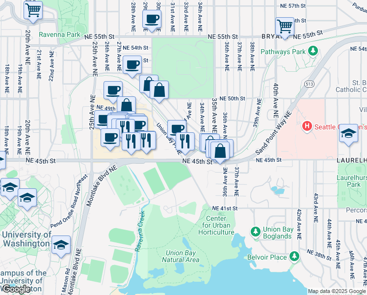 map of restaurants, bars, coffee shops, grocery stores, and more near 4540 Union Bay Place Northeast in Seattle