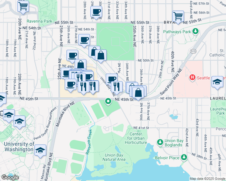 map of restaurants, bars, coffee shops, grocery stores, and more near 4540 Union Bay Place Northeast in Seattle