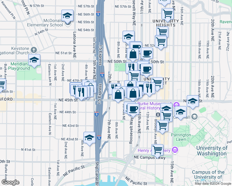 map of restaurants, bars, coffee shops, grocery stores, and more near 4544 7th Avenue Northeast in Seattle