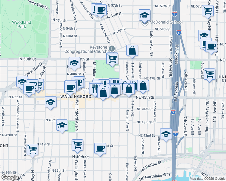 map of restaurants, bars, coffee shops, grocery stores, and more near 4532 Corliss Avenue North in Seattle