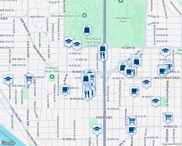 map of restaurants, bars, coffee shops, grocery stores, and more near 720 North 46th Street in Seattle