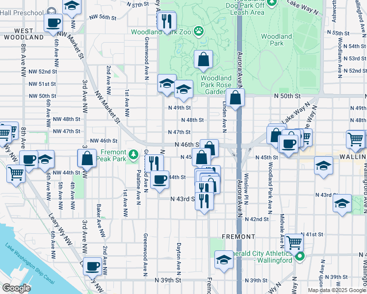 map of restaurants, bars, coffee shops, grocery stores, and more near 514 North 46th Street in Seattle