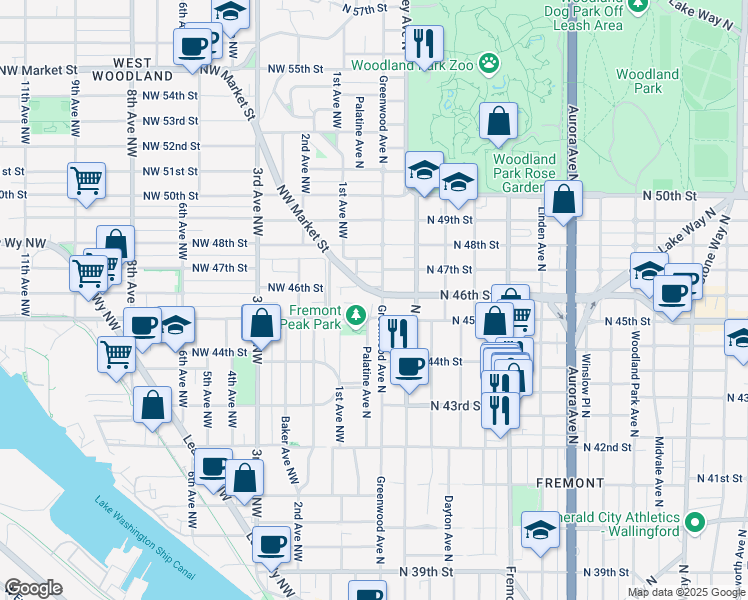 map of restaurants, bars, coffee shops, grocery stores, and more near 4606 Palatine Avenue North in Seattle